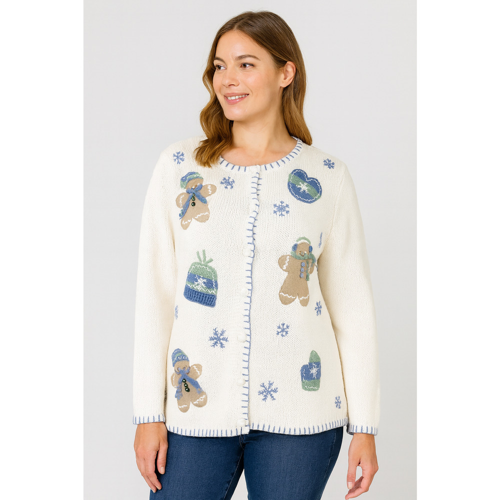 Croft & Barrow Gingerbread Knit Cardigan Sweater Winter Snow Ramie Blend Medium - Picture 1 of 16